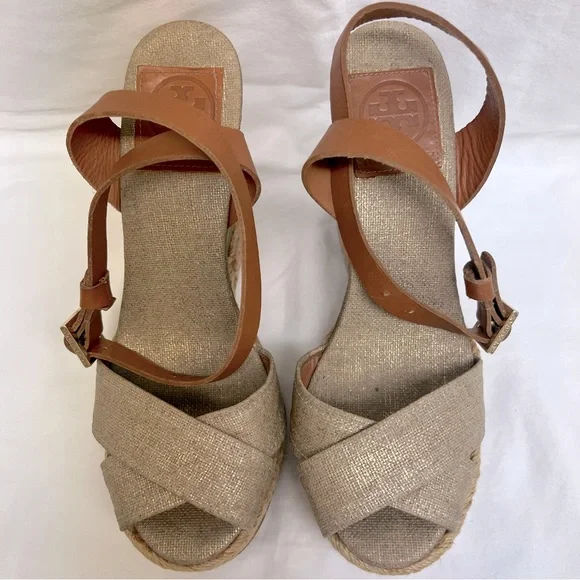 Tory Burch gold canvas wedge espadrilles with camel colored leather ankle strap - Picture 3 of 9